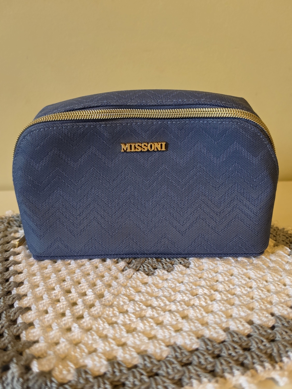 Missoni Navy Chevron Toiletry Pouch with Gold Logo
